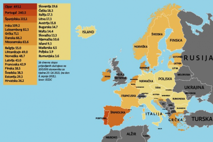 Karta Europe, izvor: Koronavirus.hr, N1