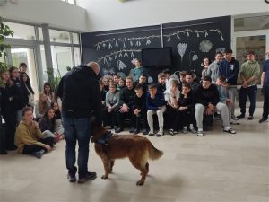 Učenici sjede na kauču, a ispred njih je pas.