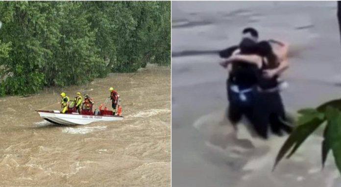 Kolaž fotografija potražne brodice u rijeci i troje ljudi u zagrljaju