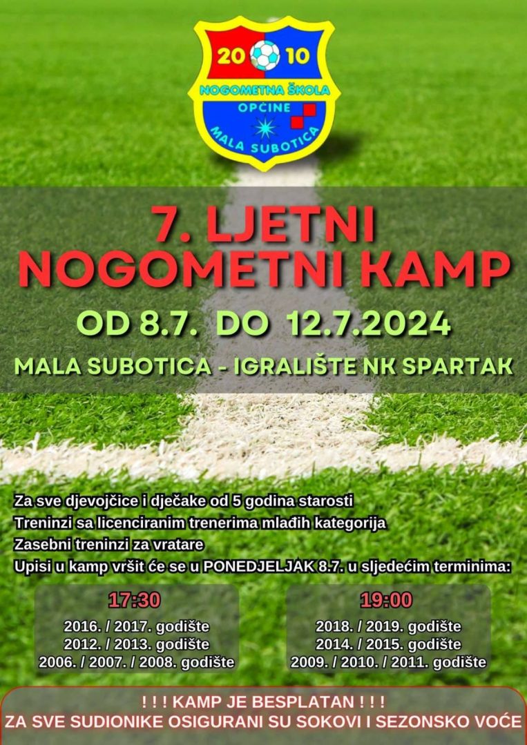 Poster za 7. besplatni nogometni kamp NŠ Općine Mala Subotica