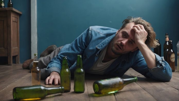 pijani čovjek leži na podu, ispred njega prazne flaše