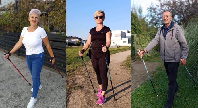 Kolaž fotografija osoba koji se bave nordijskim hodanjem