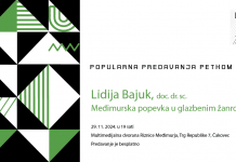 Plakat sa zeleno crnim geometrijskim likovima na lijevoj strani za predavanje u muzeju od strane Lidije Bajuk.