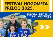 žuti plakat za turnir u Prelogu. Na plakatu je trener s tri igrača. Igrači su obučeni u plave dresove i oko vrata imaju medalje