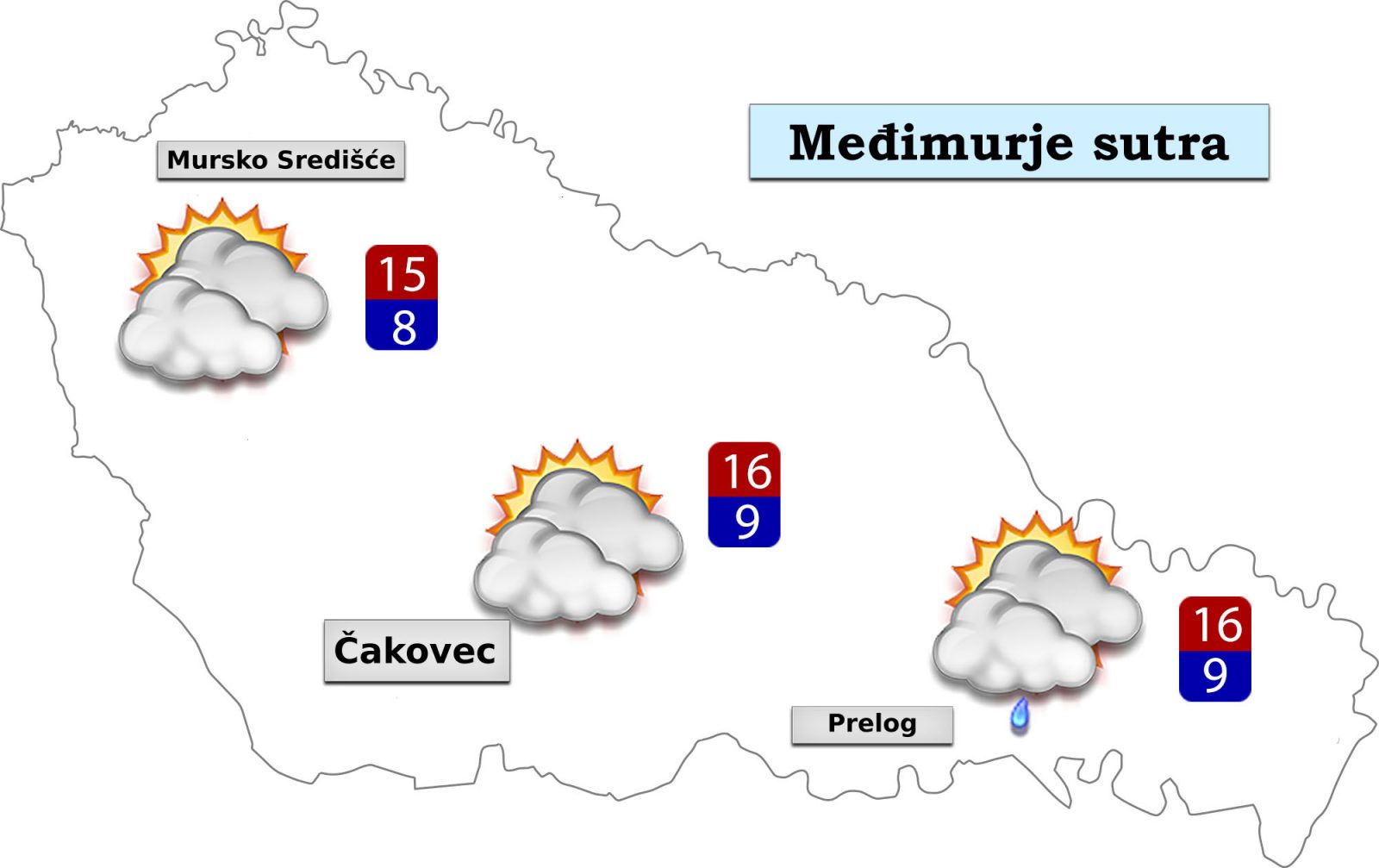 U četvrtak će biti umjereno do pretežno oblačno i vjetrovito uz mogućnost za slabu kišu. Vjetar umjeren do jak sjeveroistočni. Jutarnja temperatura zraka između 7 i 10°C, a najviša dnevna od 14 do 17°C.
