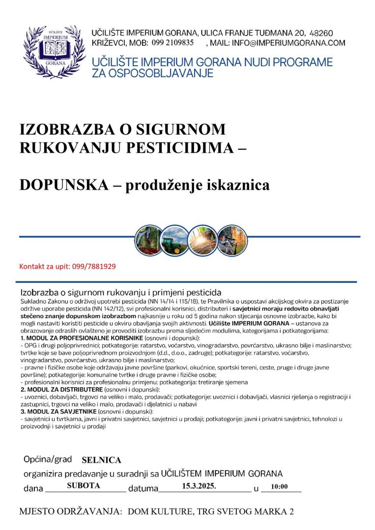 Prijavite se za izobrazbu o sigurnom rukovanju pesticidima u Selnici