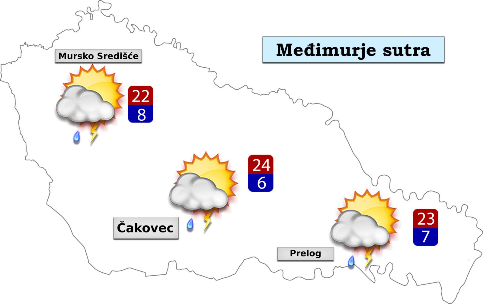 U četvrtak će biti pretežno ili djelomično sunčano. Poslijepodne i navečer naoblačenje s mjestimičnom kišom ili pljuskovima i grmljavinom.