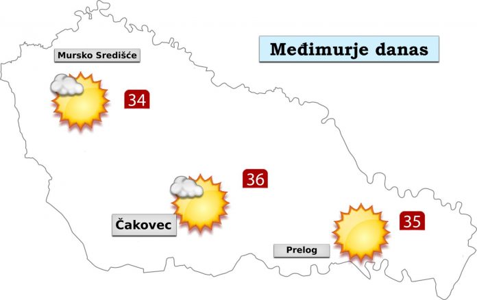 Srijeda donosi pretežno sunčano i danju vrlo vruće vrijeme. Vjetar slab sjevernih i istočnih smjerova. Jutarnja temperatura od 16 do 19°C, a najviša dnevna od 34 do 36°C Celzijevih stupnjeva.