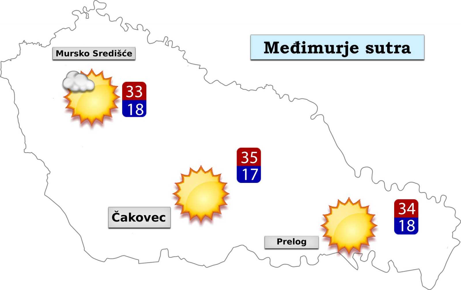 U ponedjeljak će biti pretežno sunčano i vruće. Vjetar slab do umjeren istočnih smjerova. Jutarnja temperatura od 17 do 20, a najviša dnevna od 33 do 35°C Celzijeva stupnja.