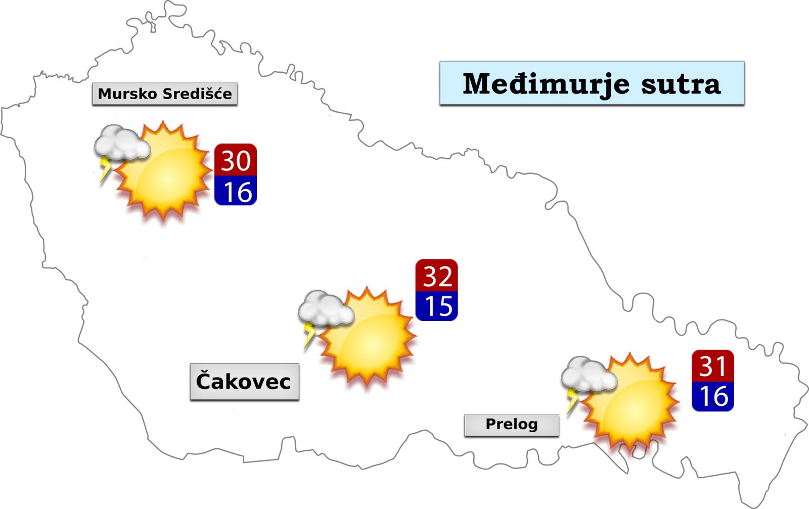 U četvrtak će biti pretežno sunčano i vruće. Poslijepodne umjeren razvoj oblaka uz malu mogućnost za lokalni pljusak. Vjetar slab do umjeren jugozapadni. Jutarnja temperatura od 14 do 18, a najviša dnevna od 30 do 32 Celzijeva stupnja.
