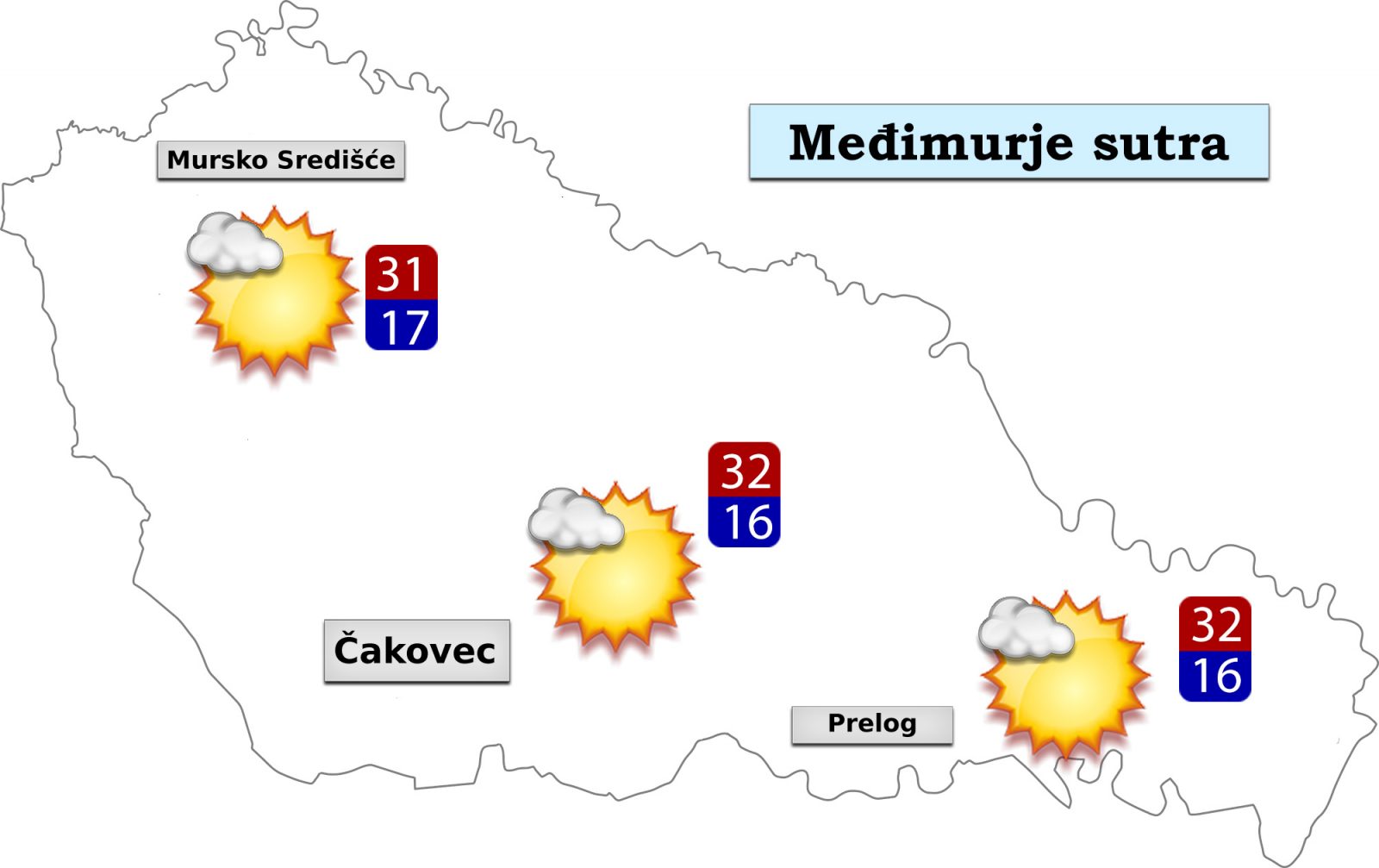 U petak će biti pretežno sunčano i vruće. Vjetar slab do umjeren jugozapadni. Jutarnja temperatura od 14 do 18, a najviša dnevna od 30 do 32 Celzijeva stupnja. 