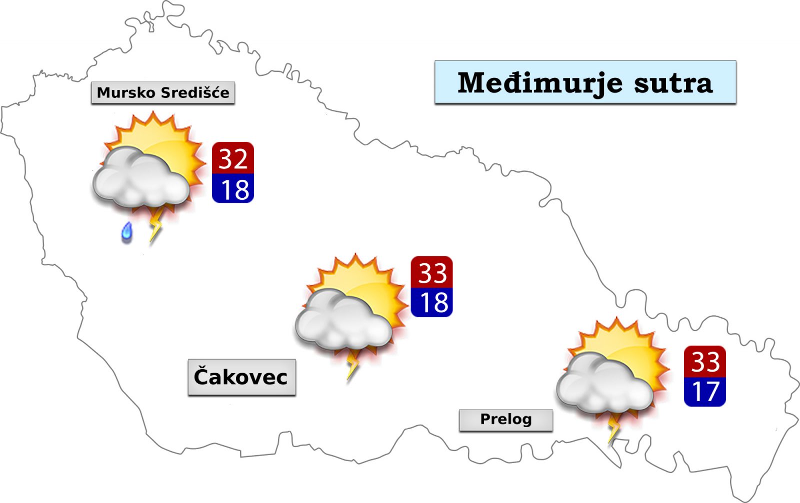 U nedjelju će biti pretežno sunčano. Poslijepodne i navečer uz razvoj oblaka mogući su pljuskovi s grmljavinom, lokalno izraženiji. Vjetar slab jugoistočni, uz pljuskove prolazno pojačan jugozapadni. Jutarnja temperatura od 16 do 20°C, a najviša dnevna od 31 do 34°C Celzijeva stupnja.