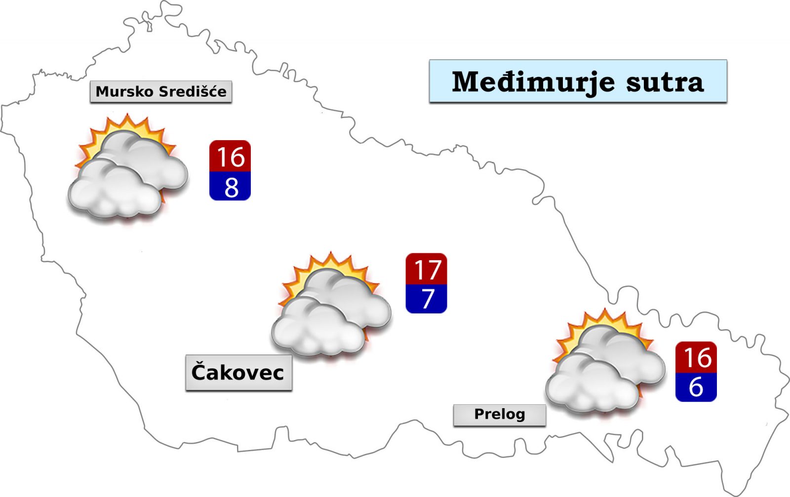 U srijedu će biti oblačnijih i djelomično sunčanih razdoblja i većinom suho. Vjetar slab sjevernih i istočnih smjerova. Jutarnja temperatura zraka od 5 do 8°C, a najviša dnevna između 14 i 17°C. (