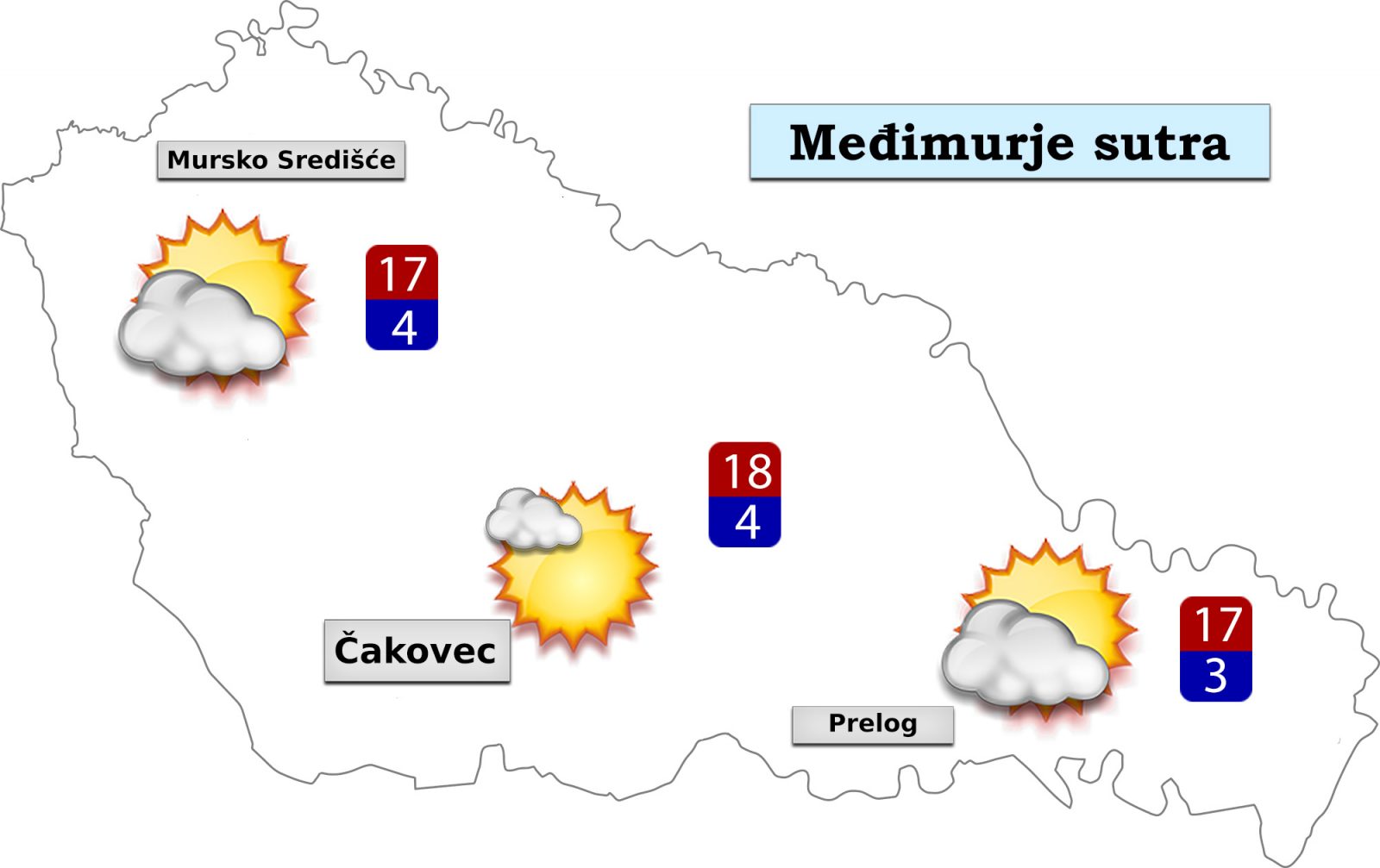 U srijedu će biti pretežno ili djelomično sunčano, ujutro uz mogućnost za prolaznu maglu. Vjetar umjeren jugozapadni. Jutarnja temperatura zraka od 2 do 6°C, a najviša dnevna od 16 do 18°C.