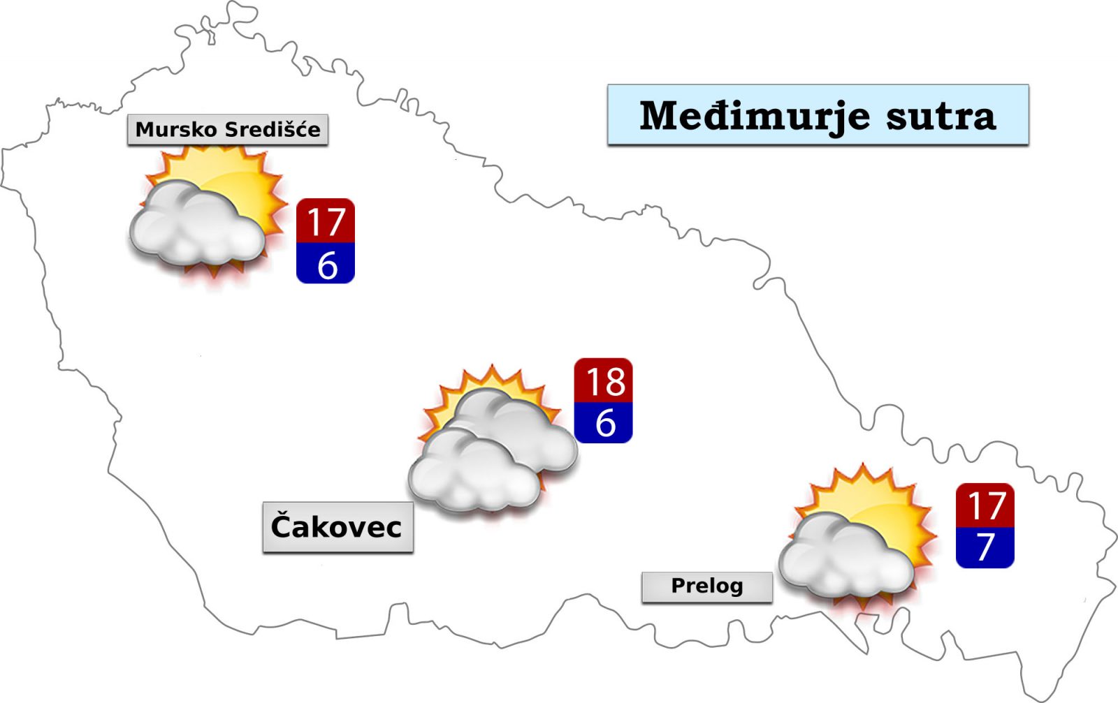 Četvrtak donosi djelomično sunčana i oblačnija razdoblja, poslijepodne uz mogućnost prolazne kiše ili lokalnog pljuska. Vjetar slab do umjeren jugozapadni, a poslijepodne sjeveroistočni. Jutarnja temperatura između 4 do 7°C, a najviša dnevna od 14 do 17°C. U petak će biti djelomično sunčano, povremeno uz više oblaka i većinom suho. Vjetar slab južnih smjerova. Jutarnja temperatura između 5 do 8°C, a najviša dnevna od 15 do 18°C.