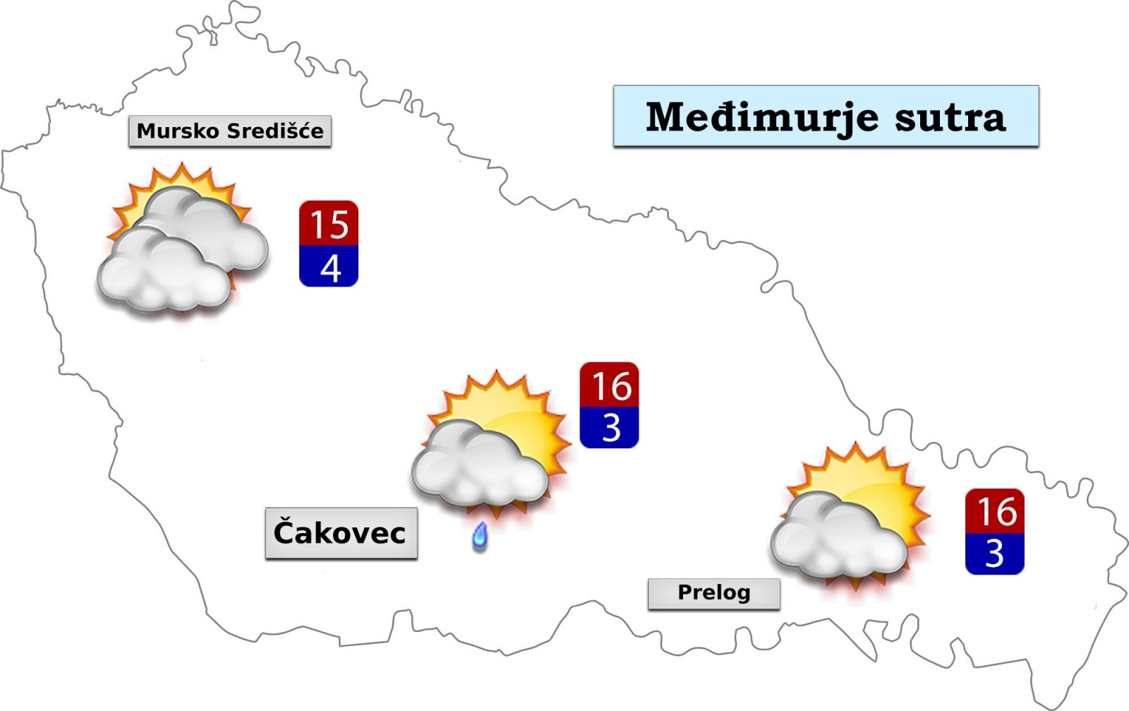 Utorak donosi djelomično ili pretežno sunčano vrijeme. Poslijepodne umjeren razvoj oblaka i uglavnom suho. Vjetar slab južnih smjerova. Jutarnja temperatura između 2 do 5°C, a najviša dnevna od 15 do 18°C.
U srijedu će biti djelomično sunčano, a u drugom dijelu dana uz više oblaka može biti prolazne kiše ili lokalnog pljuska. Vjetar slab promjenjivog smjera. Jutarnja temperatura između 2 do 5°C, a najviša dnevna od 14 do 17°C.