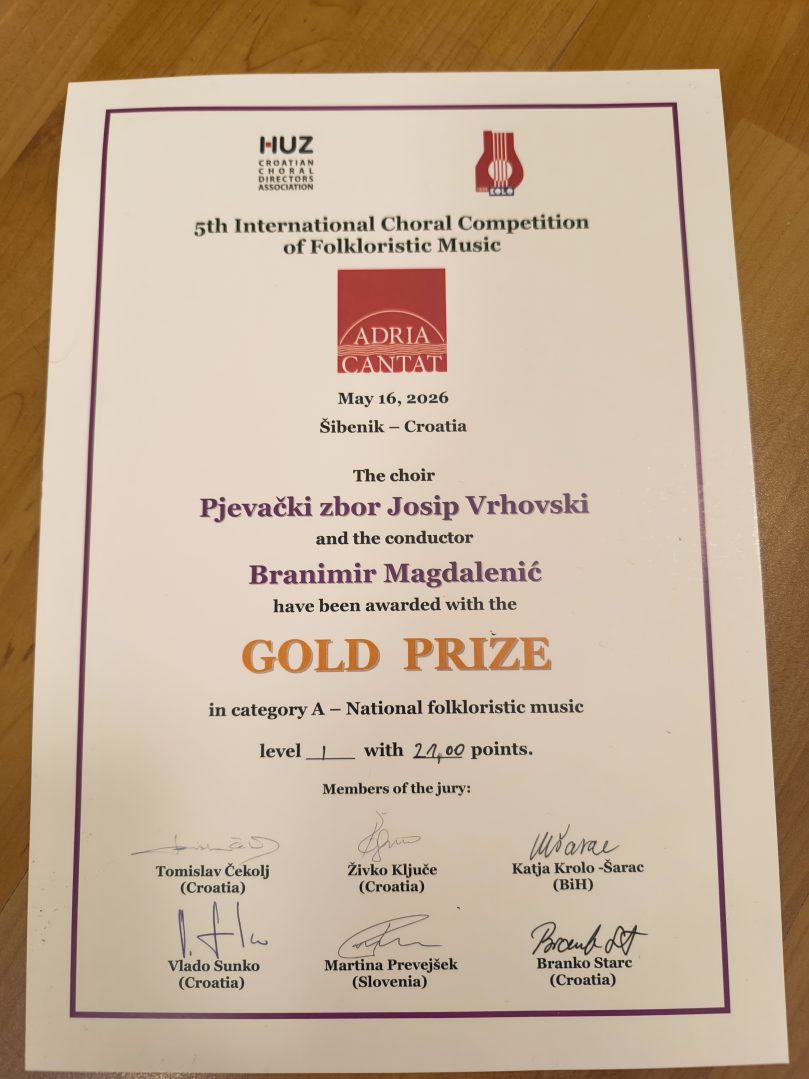 Pjevački zbor Josip Vrhovski osvojio zlatnu nagradu na natjecaju Adria Cantat u Šibeniku 