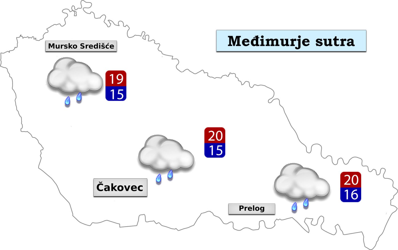 Utorak donosi pretežno sunčano vrijeme, poslijepodne s umjerenom naoblakom. Vjetar slab do umjeren južnih smjerova. Jutarnja temperatura od 10 do 13°C, a najviša dnevna između 25 i 28°C.
U srijedu će biti pretežno oblačno s povremenom kišom ili pljuskovima. Vjetar slab do umjeren zapadnih i sjevernih smjerova. Jutarnja temperatura od 14 do 17°C, a najviša dnevna između 18 i 21°C.