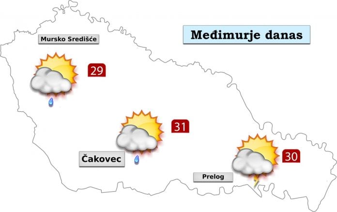 Četvrtak donosi umjereno do pretežno oblačno vrijeme, a ponegdje može pasti malo kiše ili lokalni pljusak s grmljavinom. Poslijepodne više sunčanog vremena. Vjetar slab do umjeren sjeveroistočni. Jutarnja temperatura od 17 do 20°C, a najviša dnevna od 28 do 31°C. U petak će biti pretežno sunčano. Kasno poslijepodne i navečer uz razvoj oblaka moguć je pljusak s grmljavinom. Vjetar slab do umjeren jugoistočni, navečer prolazno umjeren do jak sjeverni. Jutarnja temperatura od 15 do 18°C, a najviša dnevna od 32 do 35°C.